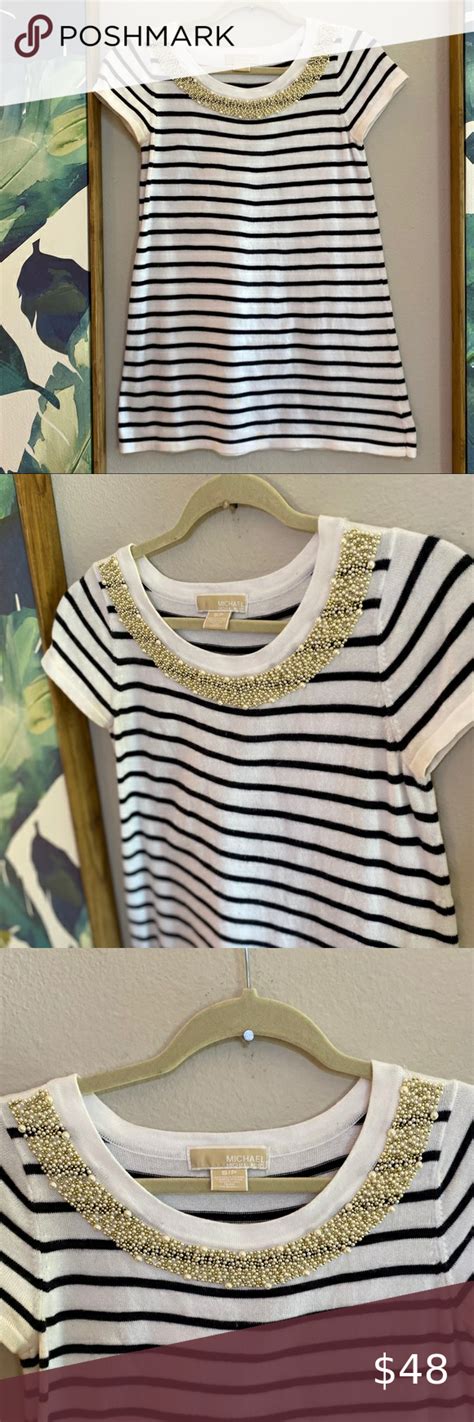 michael kors rn 111818 gold stripe beige button dwon blouse